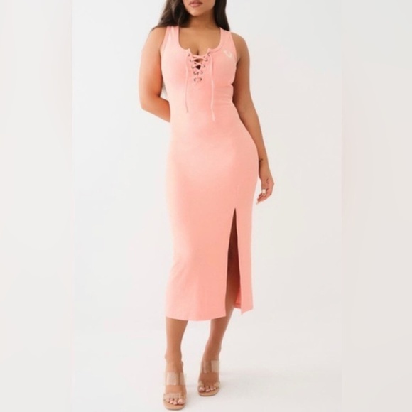 True Religion coral almond‎ sleeveless fitted sexy lace up midi dress size large - Picture 2 of 7